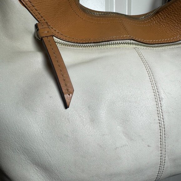Authentic Coach F13731 White Leather Hobo Bag Tan Trim Zip Shoulder Purse - Picture 7 of 14